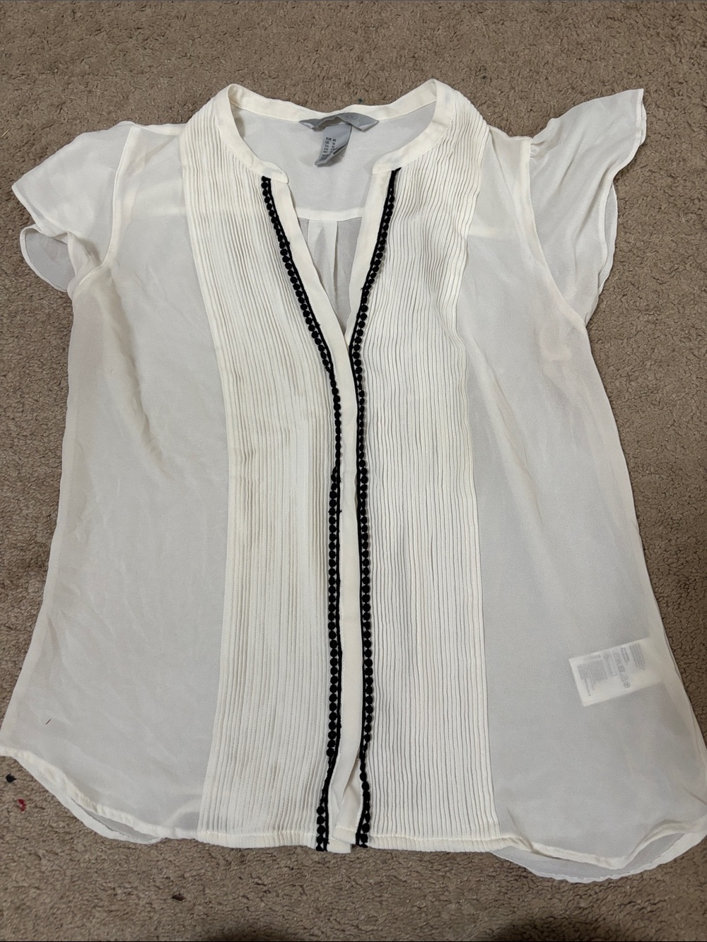 H&M White Pintuck Blouse with Black Trim